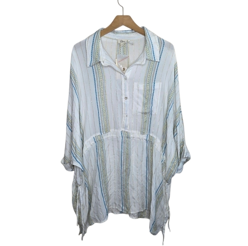 NWT Elan White Teal Metallic Stripe Dolman Drawstring Side Cinch Dress Medium